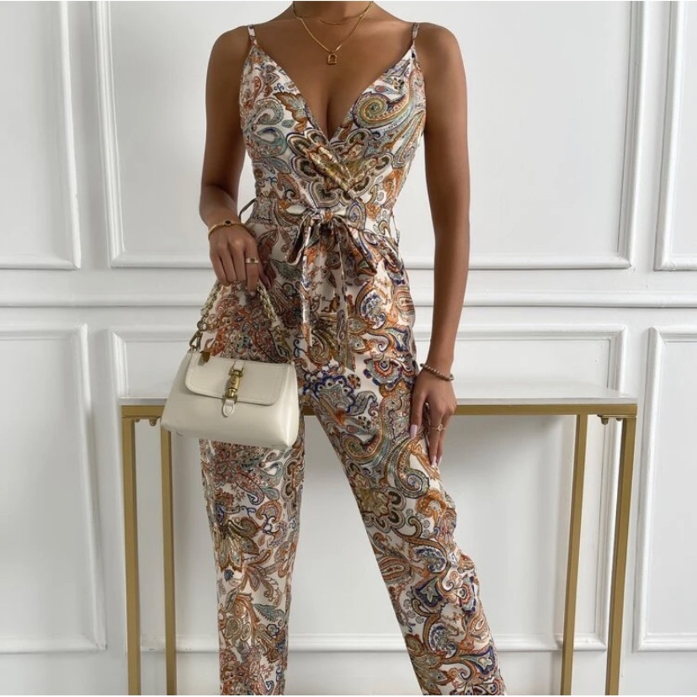 Paisley Print Surplice Neck Belted Cami Jumpsuit